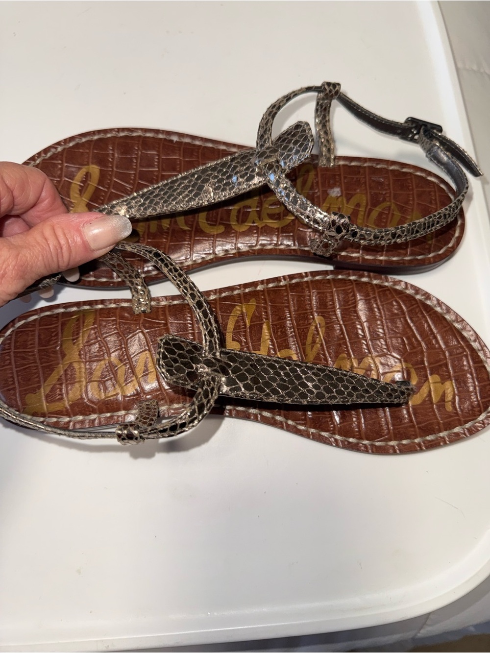 Sam Eidelman  Gigi Metallic Snake-Print T-Strap Women's Sandals - Bronze. 7 - Picture 3 of 7